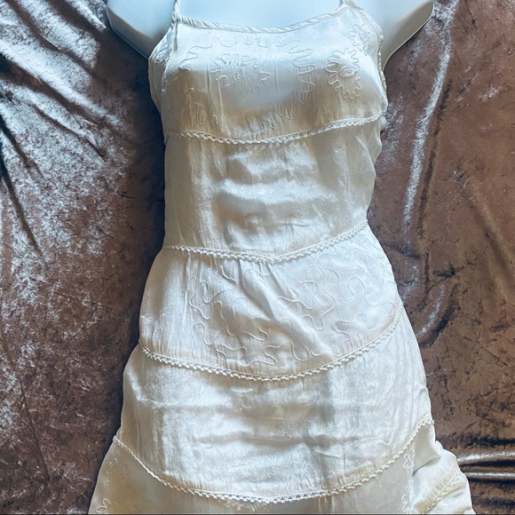 VNTG Boho Cream Tiered Satin Patchwork Dress - Picture 2 of 13
